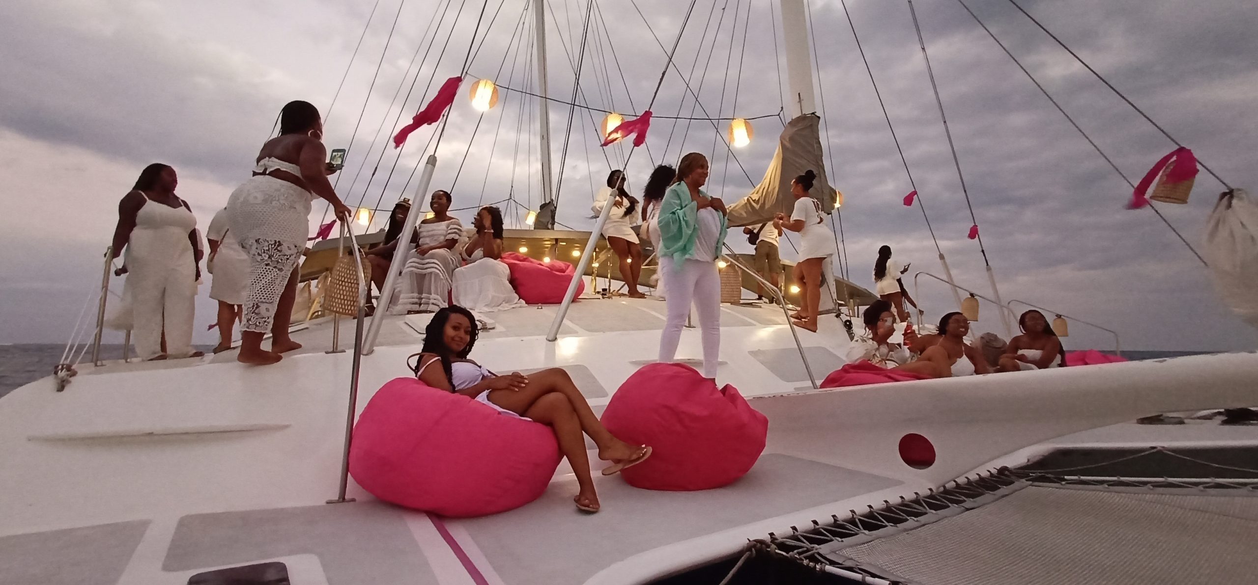 Elegant dining and lounge setup aboard a private Bali yacht